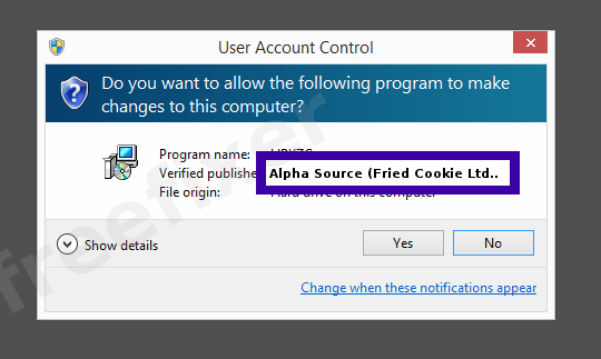 Screenshot where Alpha Source (Fried Cookie Ltd.) appears as the verified publisher in the UAC dialog